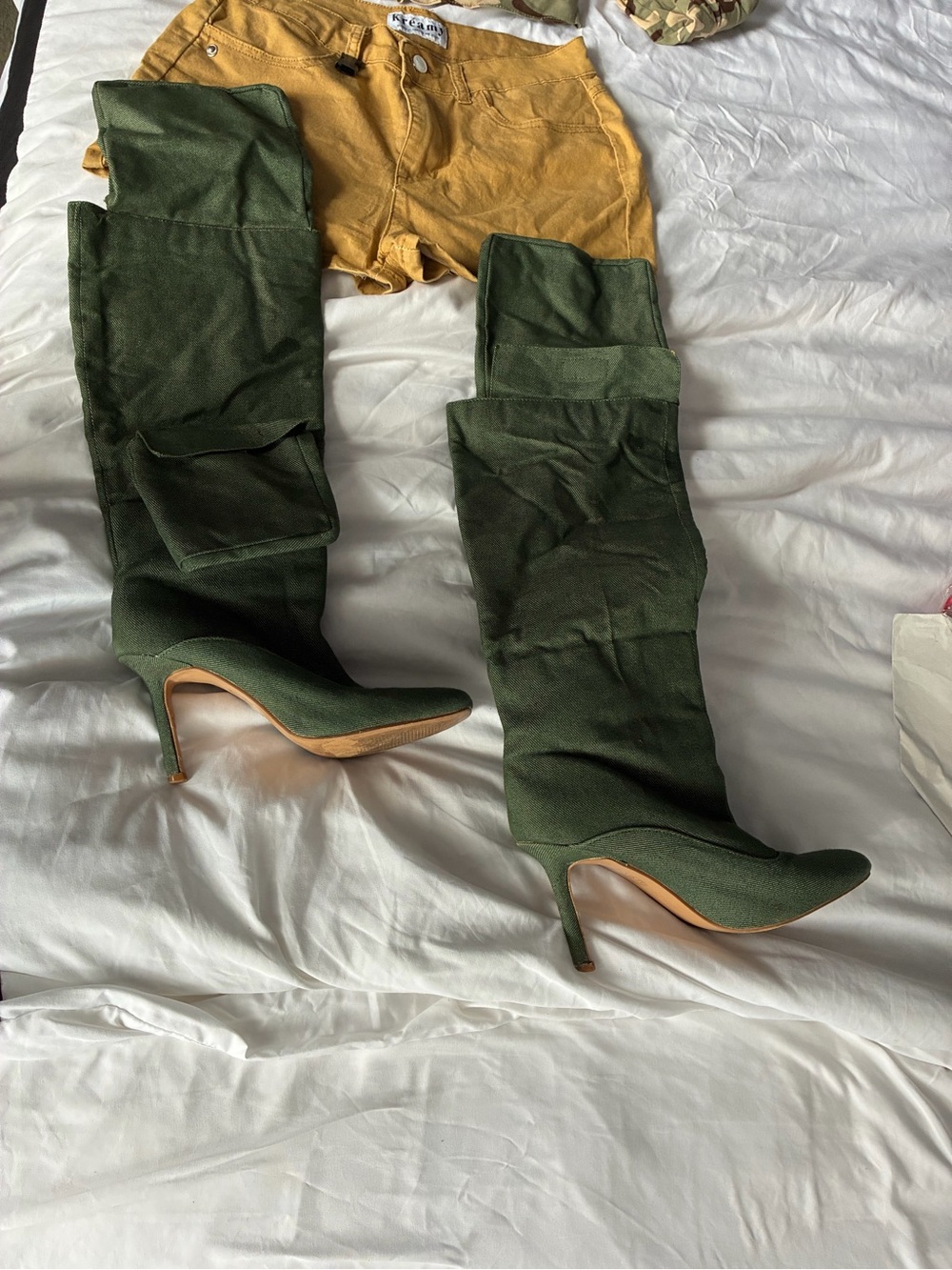 Women’s Olive Green Over-the-Knee Stiletto Boots with pockets